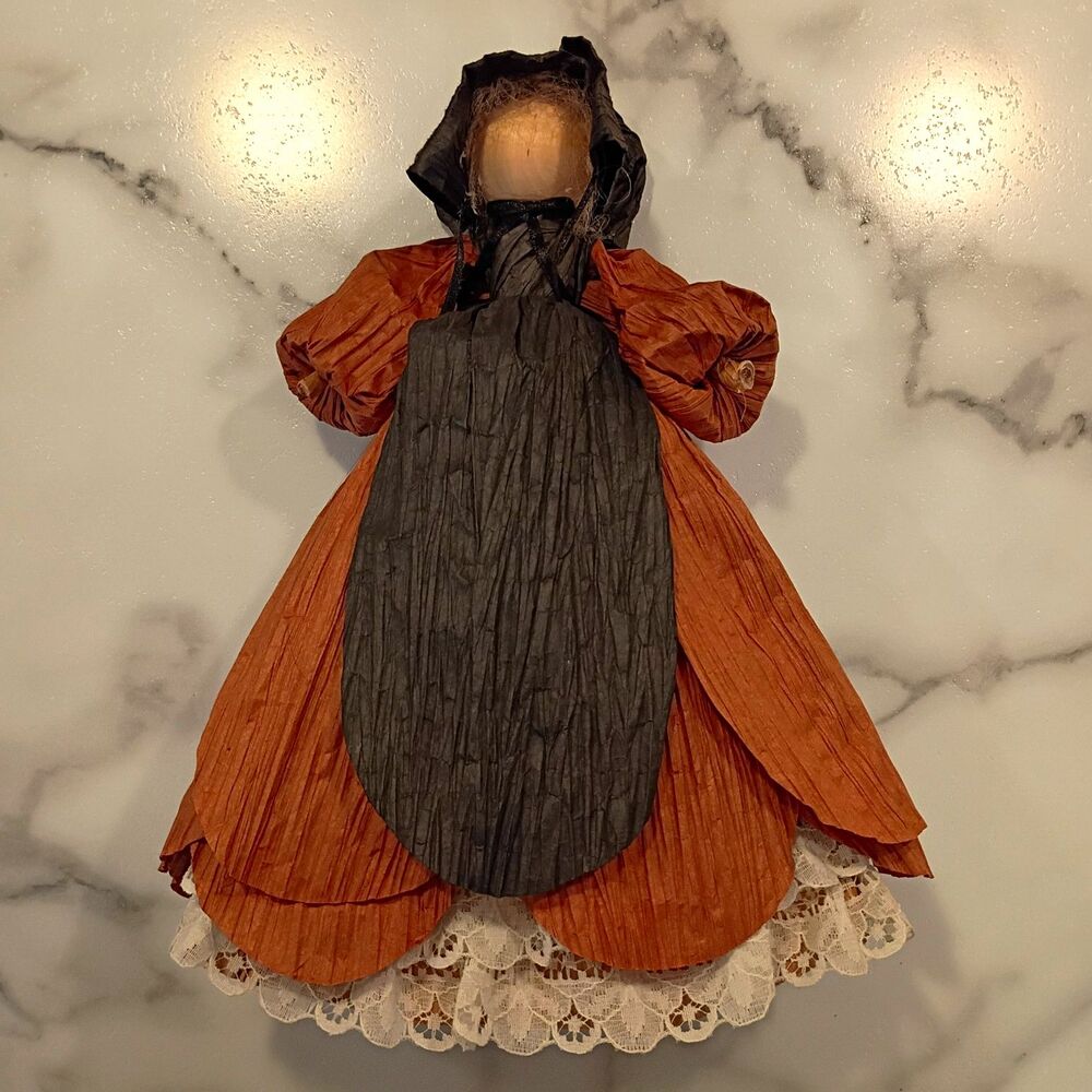 Folk Art Crepe Paper Woman Figure Bonnet Brown Black Dress Lace Primitive VTG